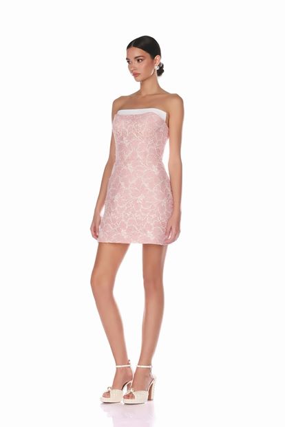 Pembe Çiçek Nakışlı Mini Abiye Elbise